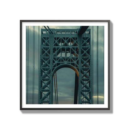 Fine art photograph of a New York bridge at dusk, archival pigment print, gallery size, black frame.