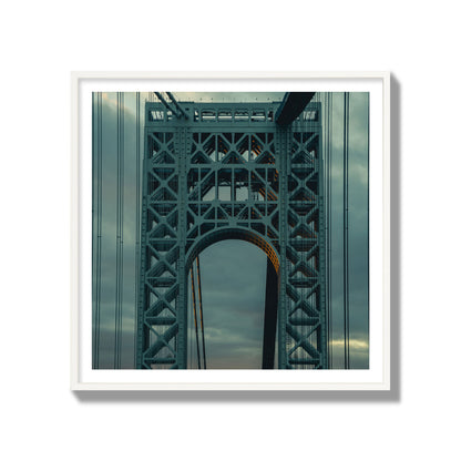 Fine art photograph of a New York bridge at dusk, archival pigment print, gallery size, white frame.