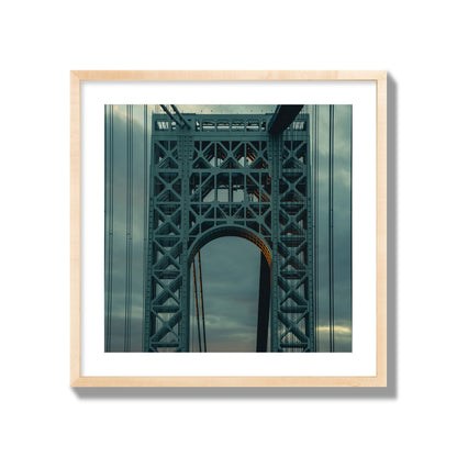 Fine art photograph of a New York bridge at dusk, archival pigment print, giant size, natural wood frame.