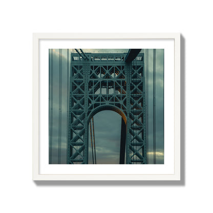Fine art photograph of a New York bridge at dusk, archival pigment print, giant size, white frame.