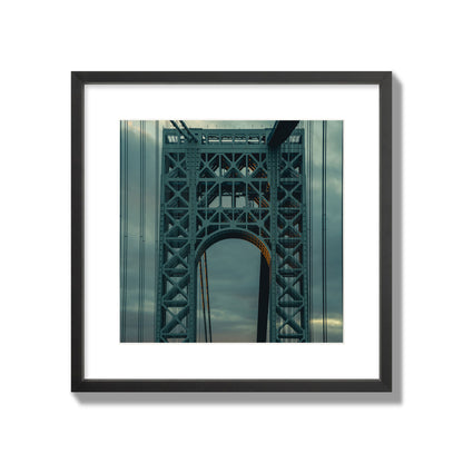 Fine art photograph of a New York bridge at dusk, archival pigment print, large size, black frame.