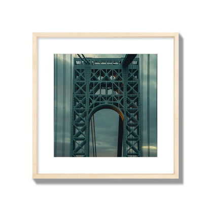 Fine art photograph of a New York bridge at dusk, archival pigment print, large size, natural wood frame.