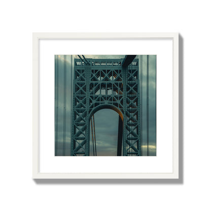 Fine art photograph of a New York bridge at dusk, archival pigment print, large size, white frame.