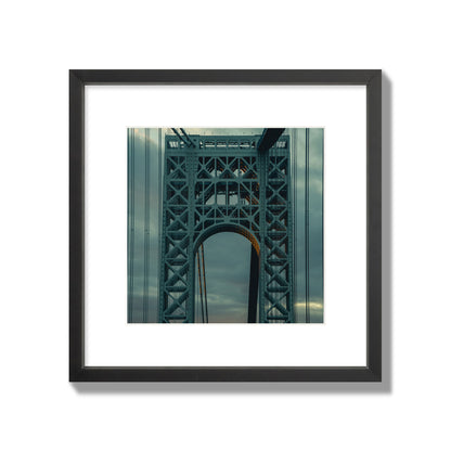 Fine art photograph of a New York bridge at dusk, archival pigment print, medium size, black frame.