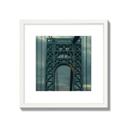Fine art photograph of a New York bridge at dusk, archival pigment print, medium size, white frame.