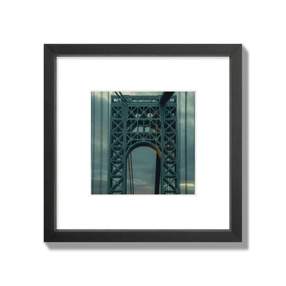 Fine art photograph of a New York bridge at dusk, archival pigment print, small size, black frame.