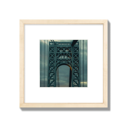 Fine art photograph of a New York bridge at dusk, archival pigment print, small size, natural wood frame.
