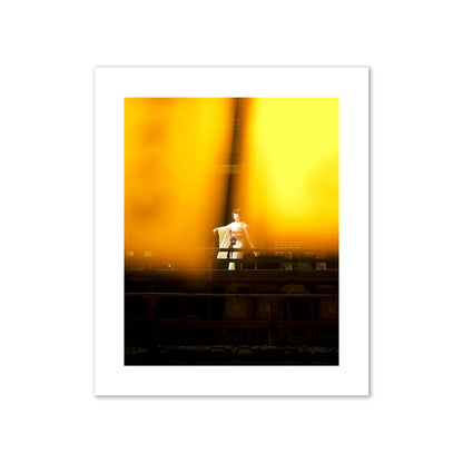 Fine art photograph of a geisha dancing, photographed through yellow lanterns, archival pigment print, giant size, print.