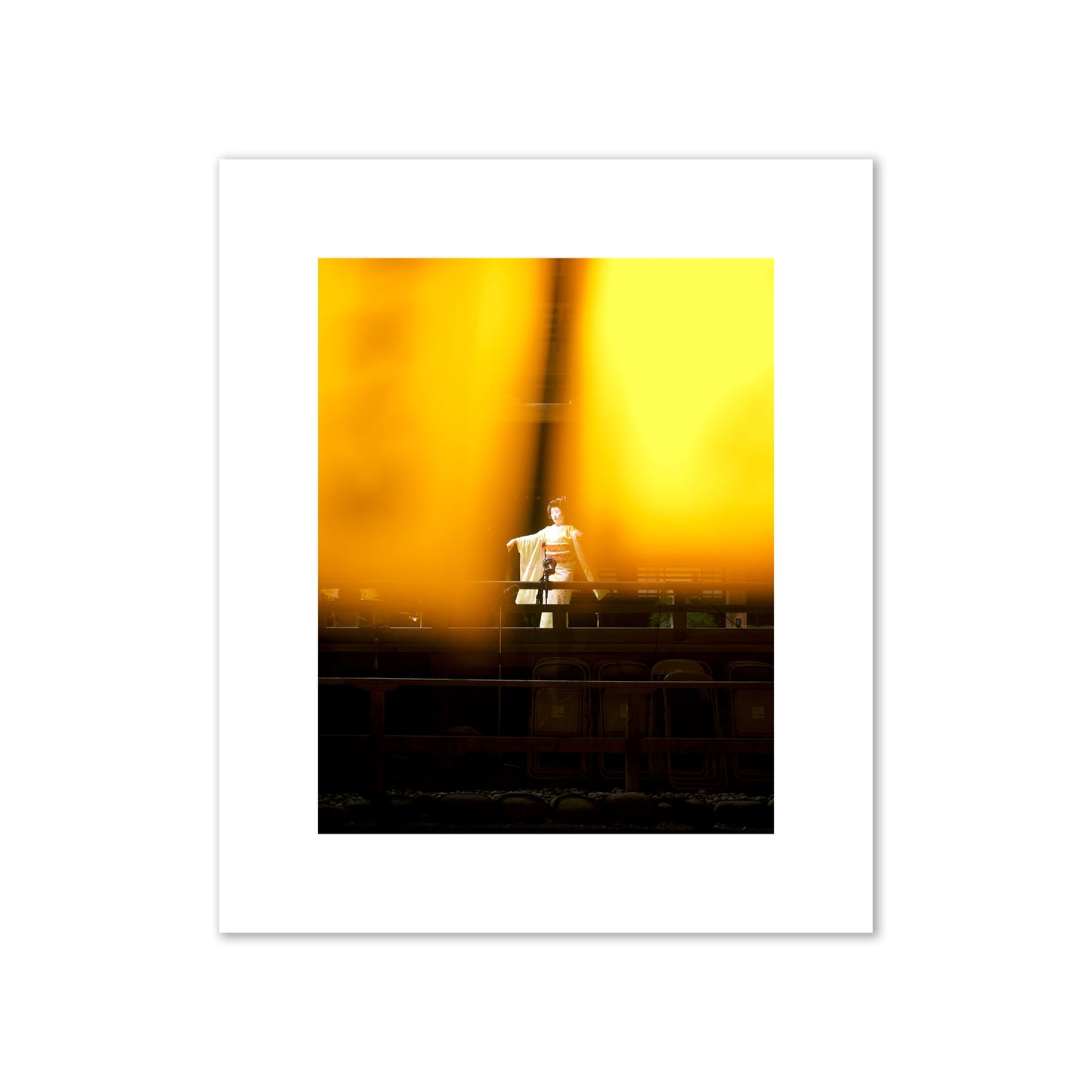 Fine art photograph of a geisha dancing, photographed through yellow lanterns, archival pigment print, large size, print.