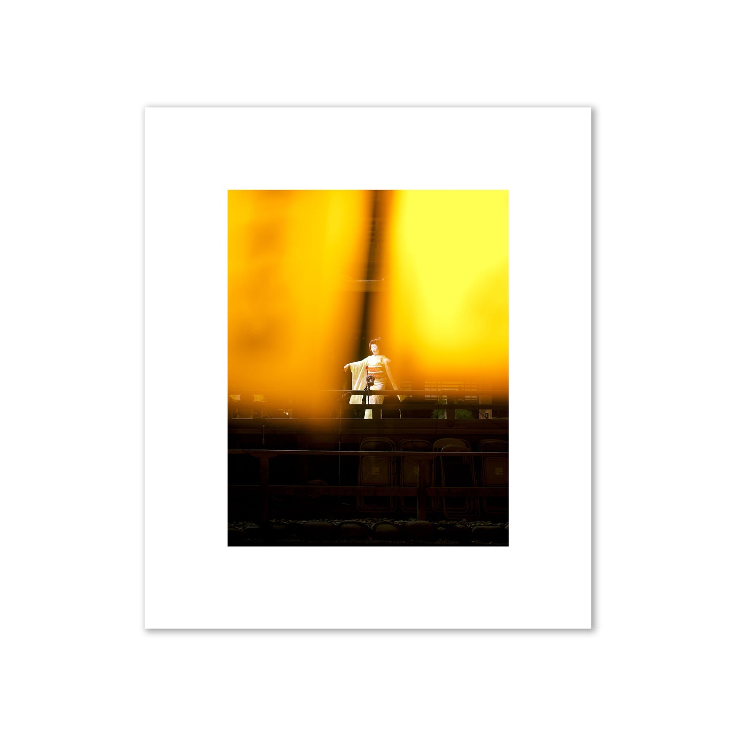 Fine art photograph of a geisha dancing, photographed through yellow lanterns, archival pigment print, medium size, print.