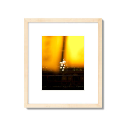 Fine art photograph of a geisha dancing, photographed through yellow lanterns, archival pigment print, small size, natural wood frame.