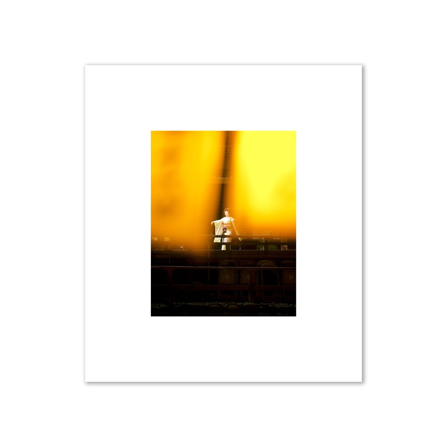 Fine art photograph of a geisha dancing, photographed through yellow lanterns, archival pigment print, small size, print.