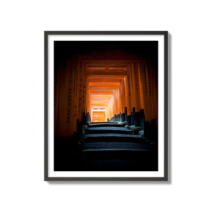 Fine art photograph of the torii gates at Fushimi Inari Shrine, archival pigment print, collector size, black frame.