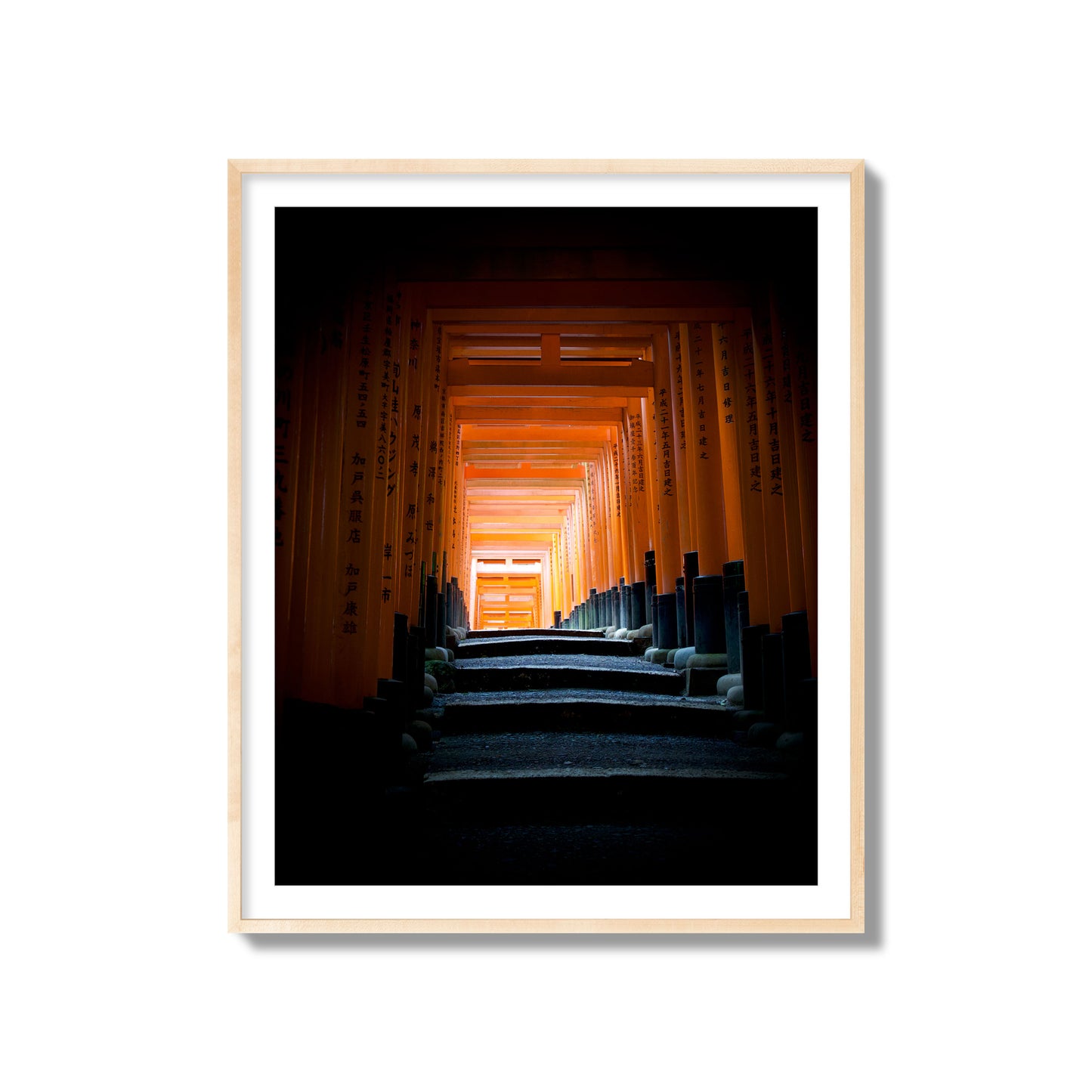 Fine art photograph of the torii gates at Fushimi Inari Shrine, archival pigment print, collector size, natural wood frame.