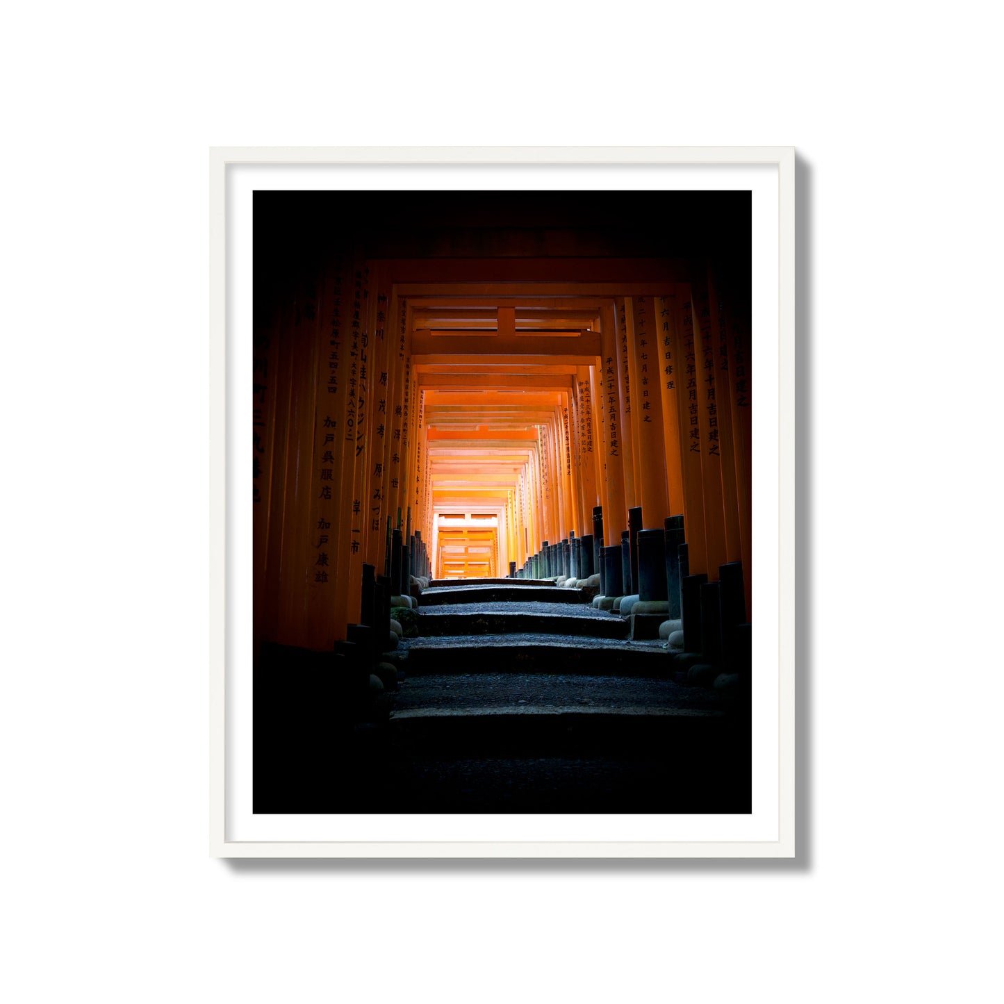 Fine art photograph of the torii gates at Fushimi Inari Shrine, archival pigment print, collector size, white frame.