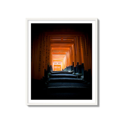 Fine art photograph of the torii gates at Fushimi Inari Shrine, archival pigment print, collector size, white frame.
