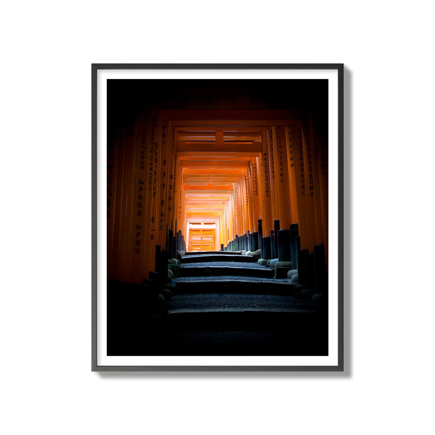 Fine art photograph of the torii gates at Fushimi Inari Shrine, archival pigment print, gallery size, black frame.