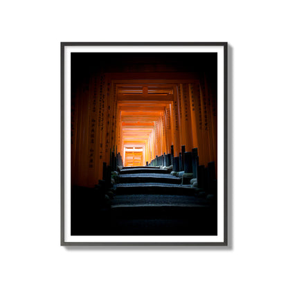Fine art photograph of the torii gates at Fushimi Inari Shrine, archival pigment print, gallery size, black frame.