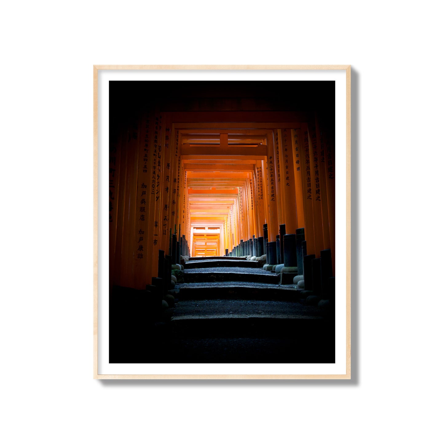 Fine art photograph of the torii gates at Fushimi Inari Shrine, archival pigment print, gallery size, natural wood frame.