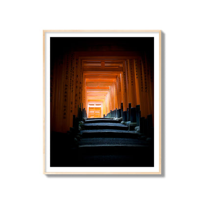 Fine art photograph of the torii gates at Fushimi Inari Shrine, archival pigment print, gallery size, natural wood frame.