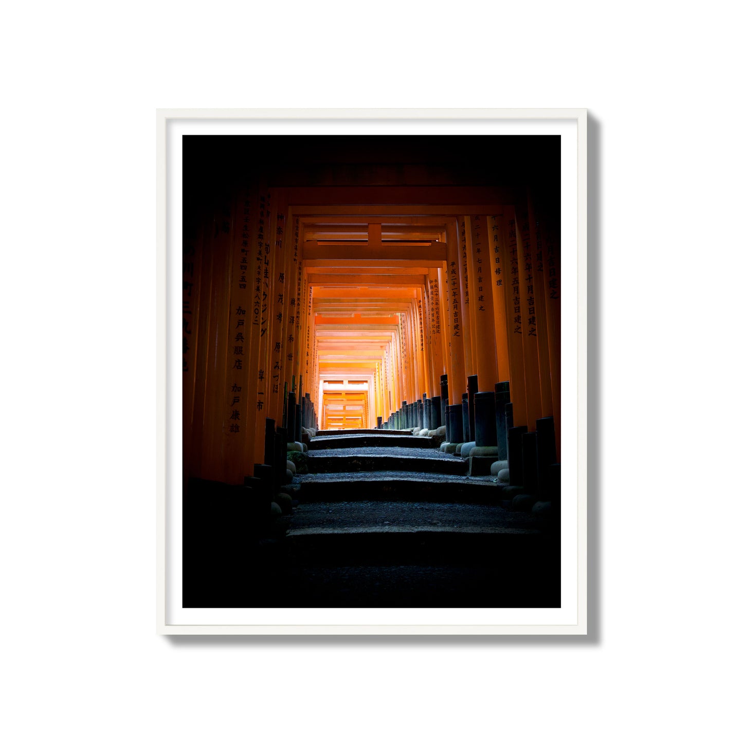 Fine art photograph of the torii gates at Fushimi Inari Shrine, archival pigment print, gallery size, white frame.