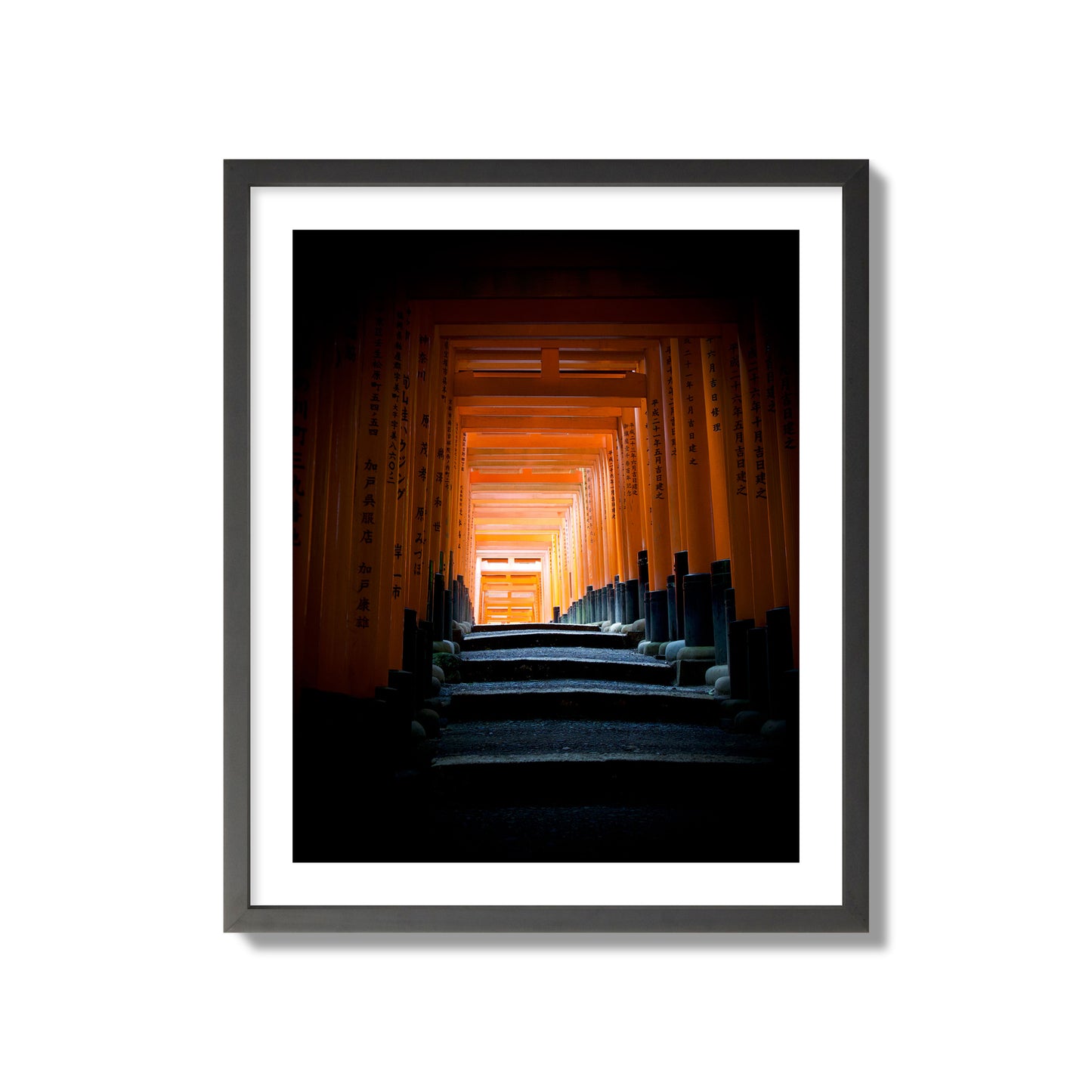 Fine art photograph of the torii gates at Fushimi Inari Shrine, archival pigment print, giant size, black frame.