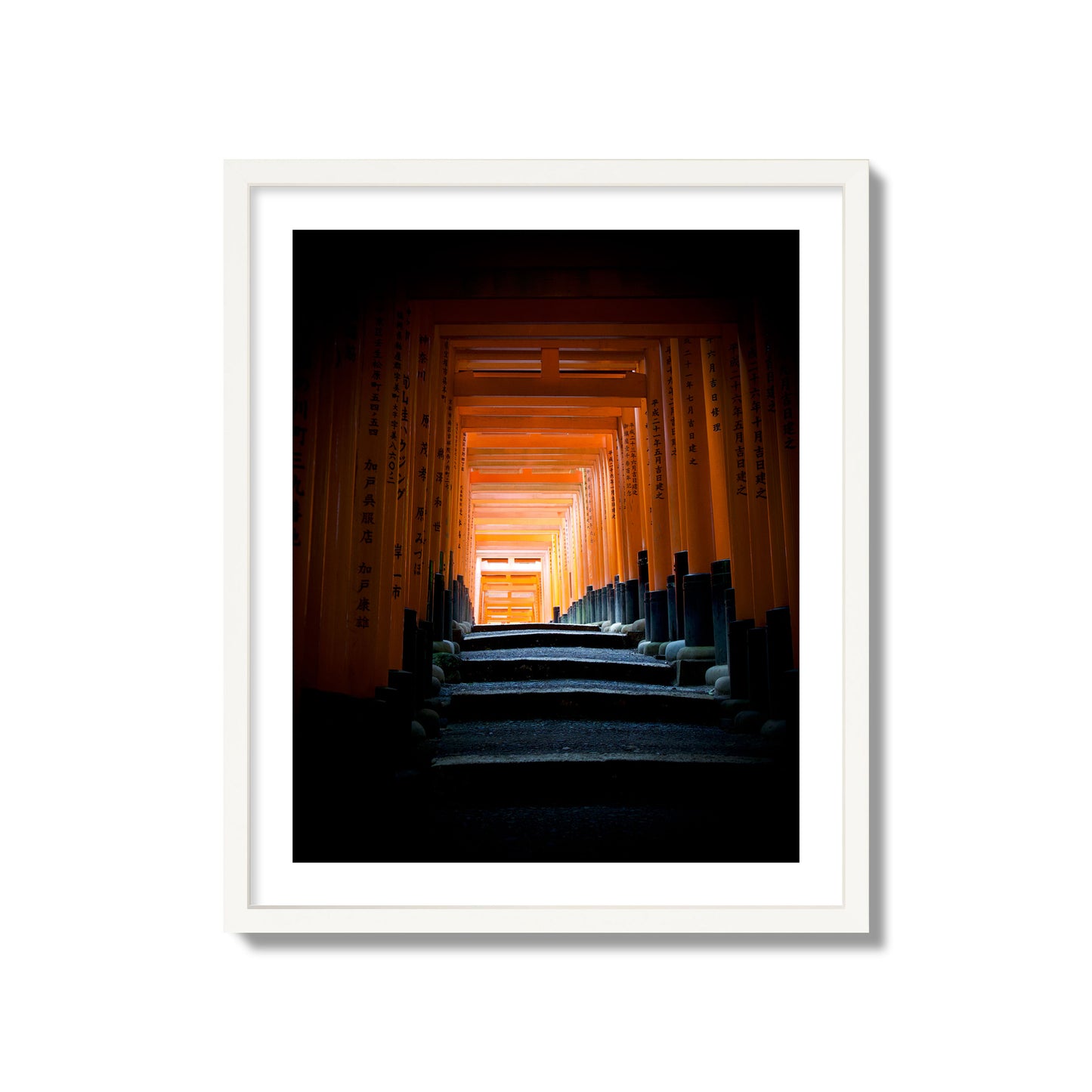 Fine art photograph of the torii gates at Fushimi Inari Shrine, archival pigment print, giant size, white frame.