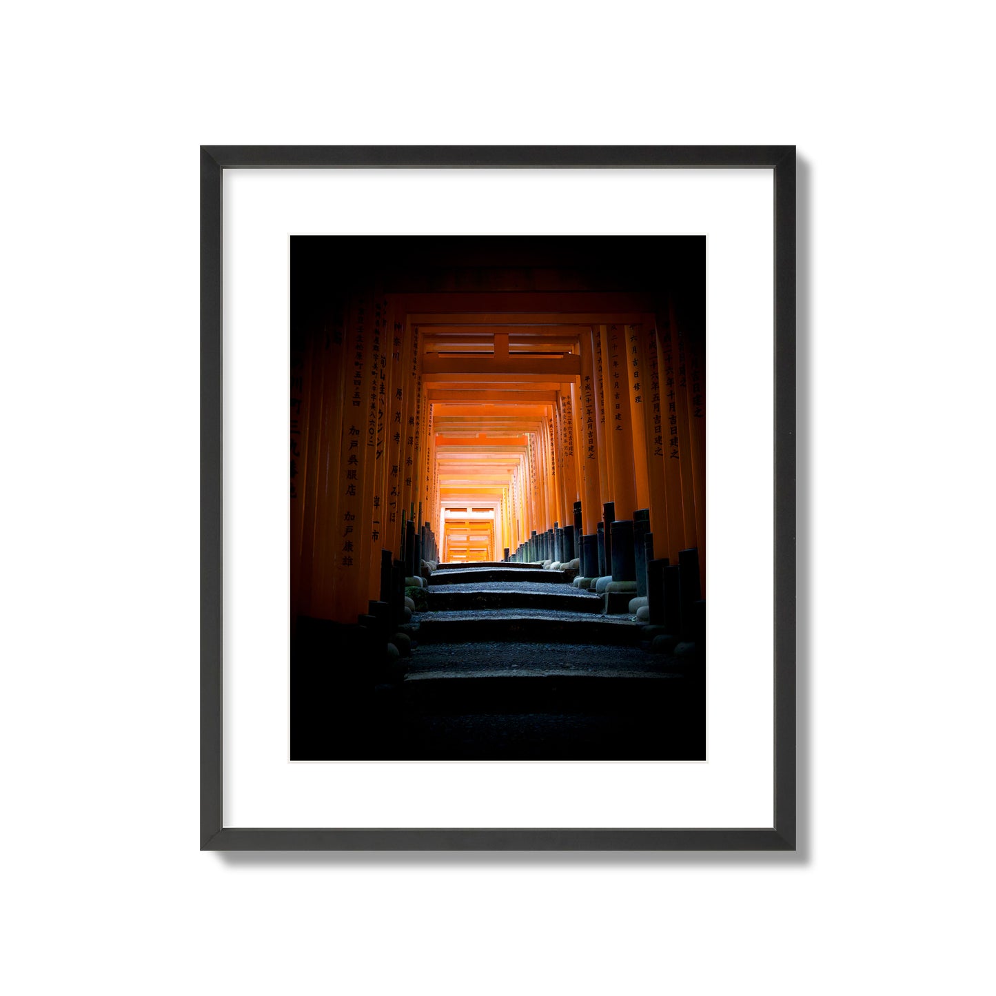 Fine art photograph of the torii gates at Fushimi Inari Shrine, archival pigment print, large size, black frame.