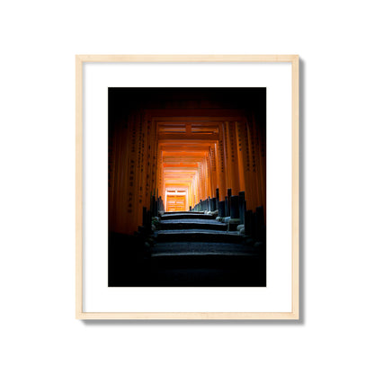 Fine art photograph of the torii gates at Fushimi Inari Shrine, archival pigment print, large size, natural wood frame.
