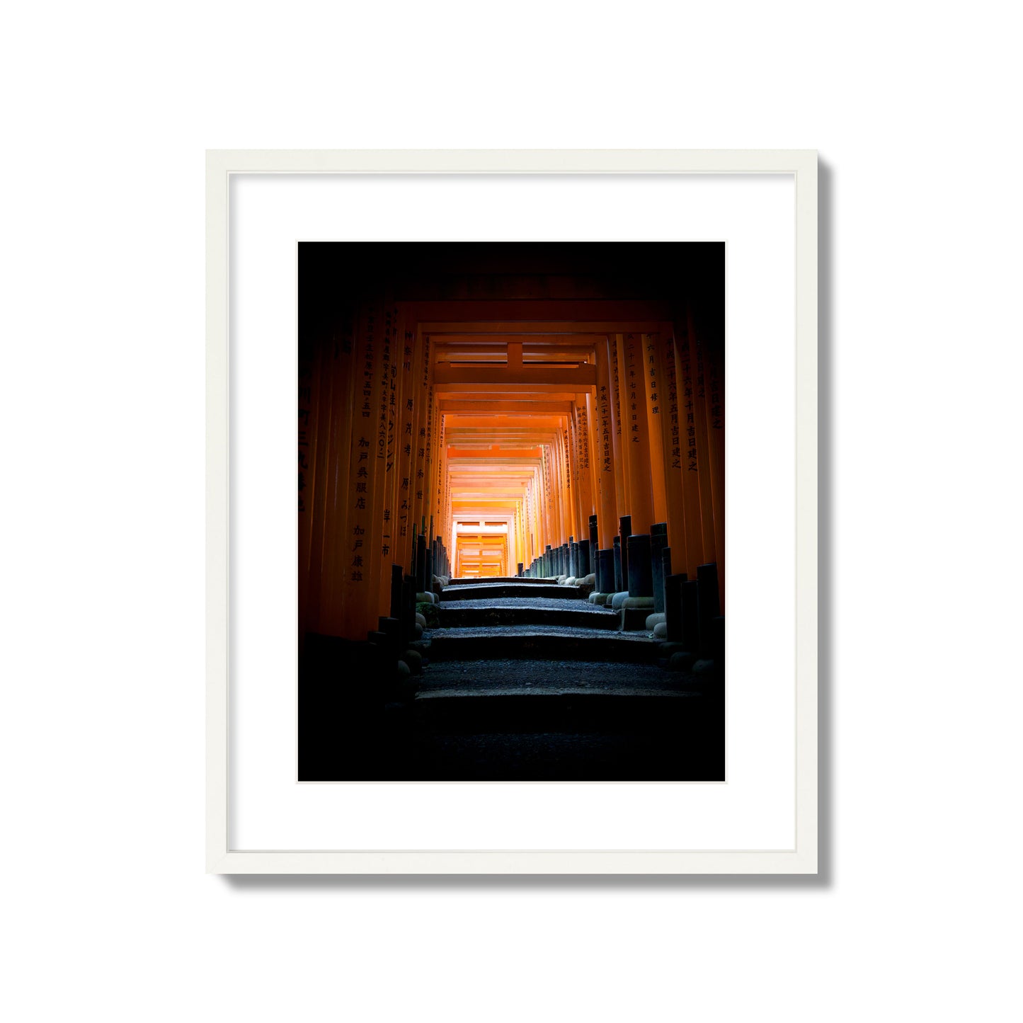 Fine art photograph of the torii gates at Fushimi Inari Shrine, archival pigment print, large size, white frame.