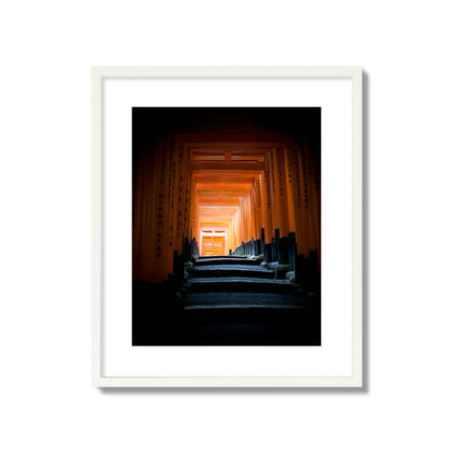 Fine art photograph of the torii gates at Fushimi Inari Shrine, archival pigment print, large size, white frame.