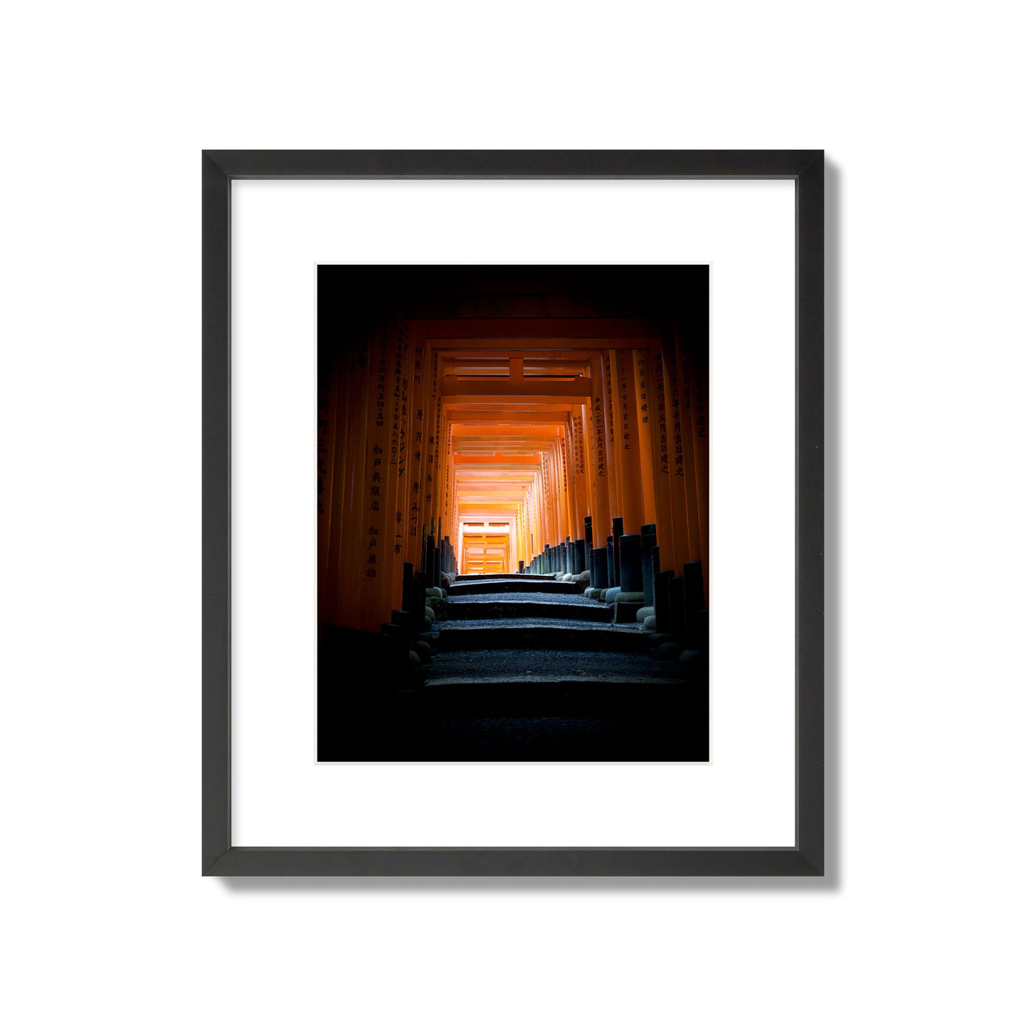 Fine art photograph of the torii gates at Fushimi Inari Shrine, archival pigment print, medium size, black frame.