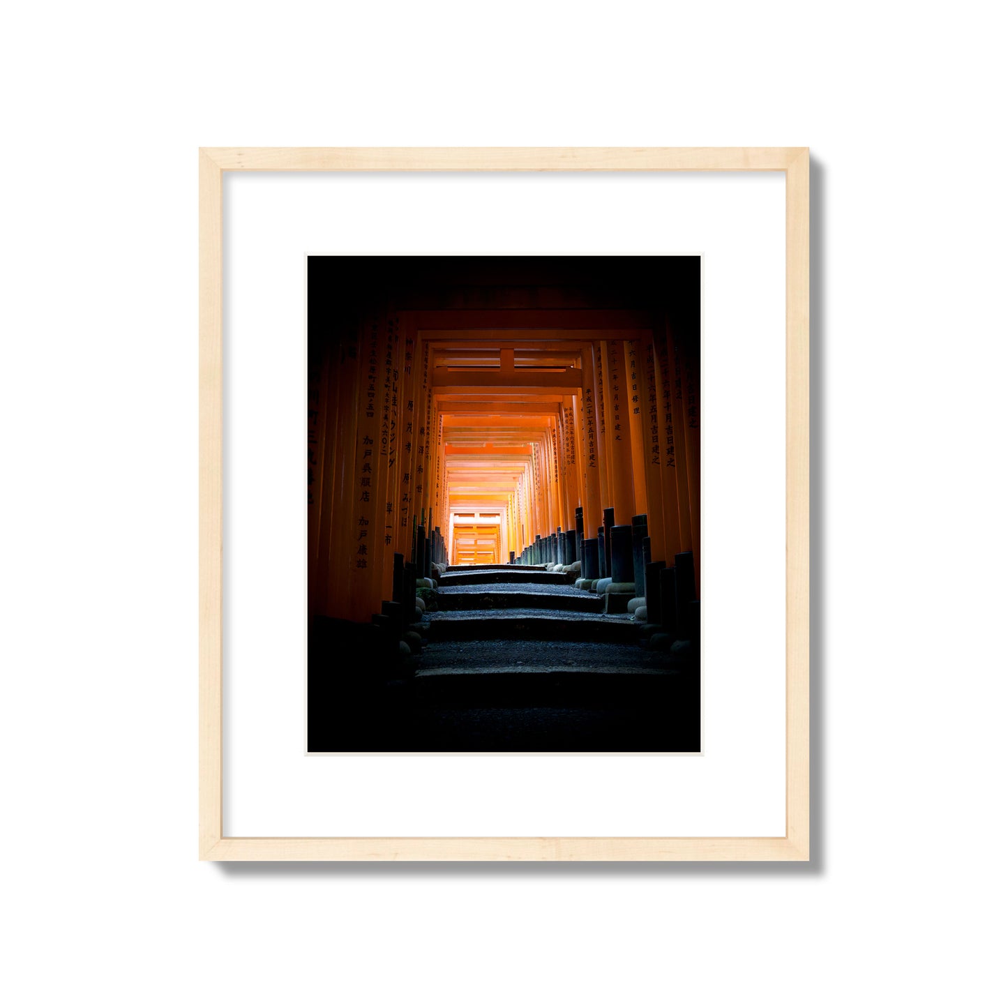 Fine art photograph of the torii gates at Fushimi Inari Shrine, archival pigment print, medium size, natural wood frame.