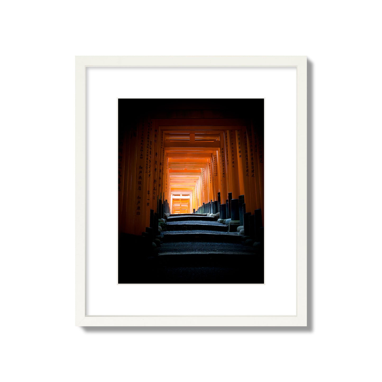 Fine art photograph of the torii gates at Fushimi Inari Shrine, archival pigment print, medium size, white frame.