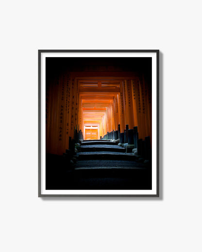 Fine art photograph of the torii gates at Fushimi Inari Shrine, archival pigment print, black frame.