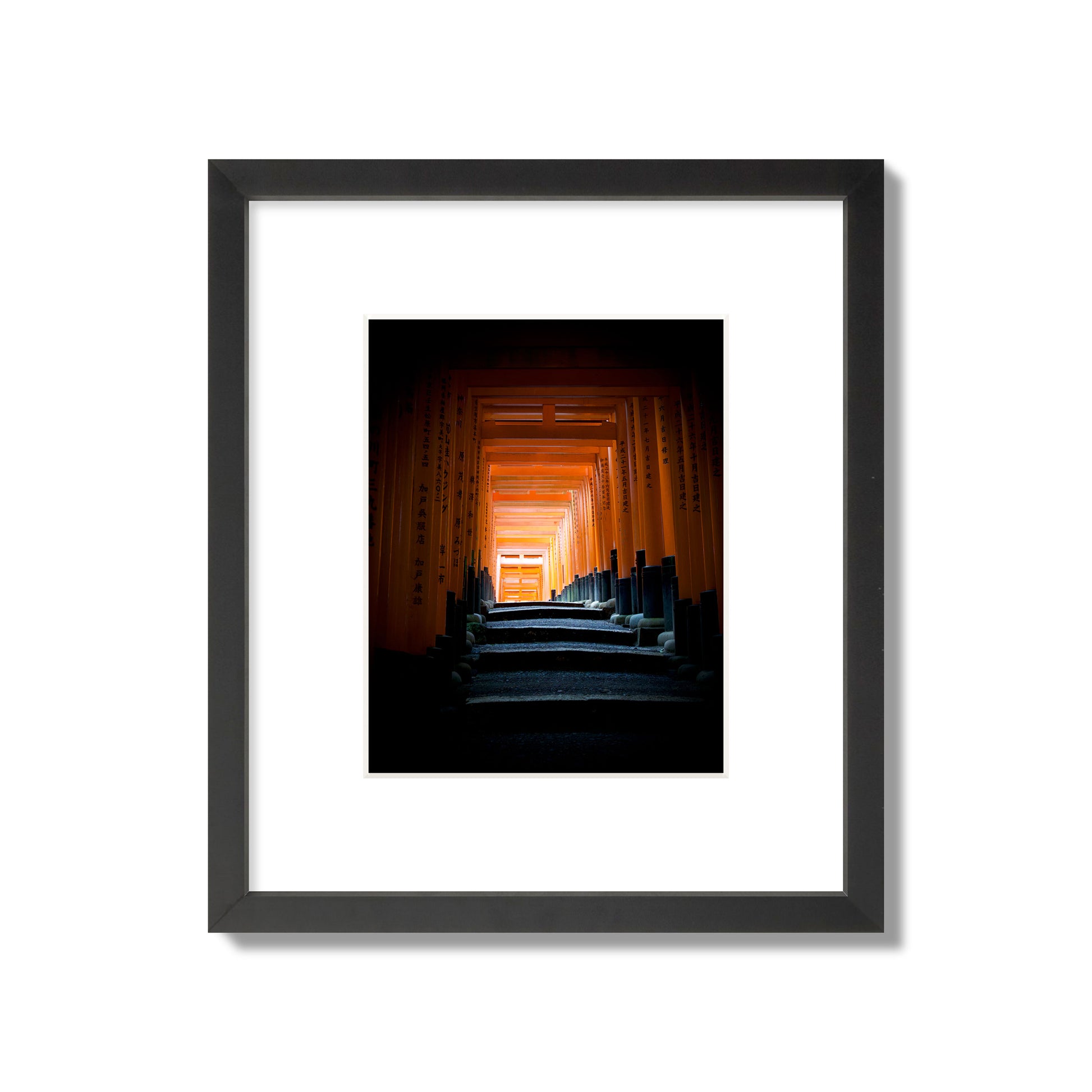 Fine art photograph of the torii gates at Fushimi Inari Shrine, archival pigment print, small size, black frame.
