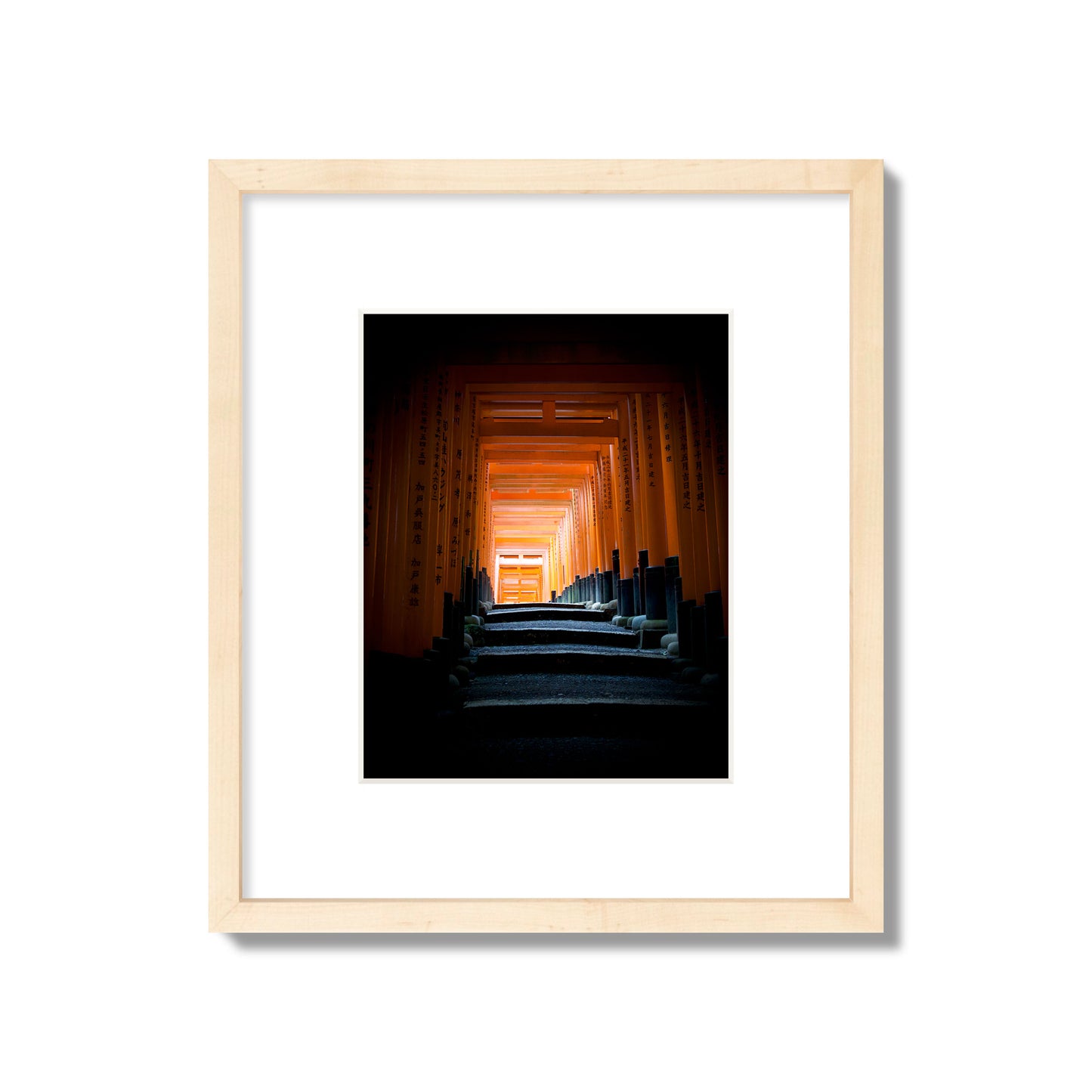 Fine art photograph of the torii gates at Fushimi Inari Shrine, archival pigment print, small size, natural wood frame.