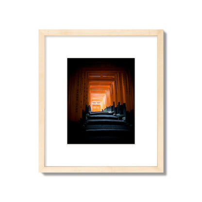 Fine art photograph of the torii gates at Fushimi Inari Shrine, archival pigment print, small size, natural wood frame.