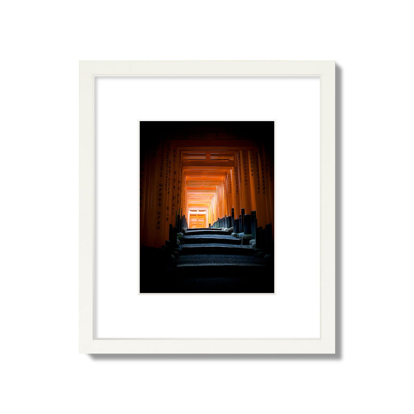 Fine art photograph of the torii gates at Fushimi Inari Shrine, archival pigment print, small size, white frame.