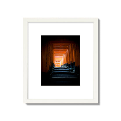 Fine art photograph of the torii gates at Fushimi Inari Shrine, archival pigment print, small size, white frame.