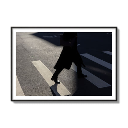 Fine art street photograph of a woman walking through a crosswalk in Soho New York, archival pigment print, collector size, black frame