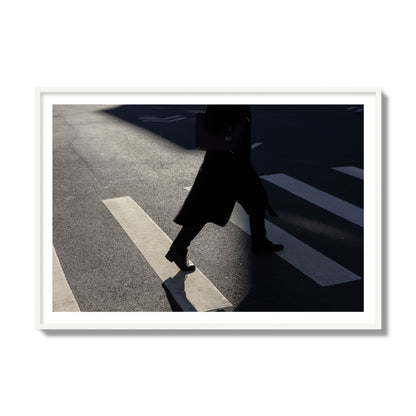 Fine art street photograph of a woman walking through a crosswalk in Soho New York, archival pigment print, collector size, white frame