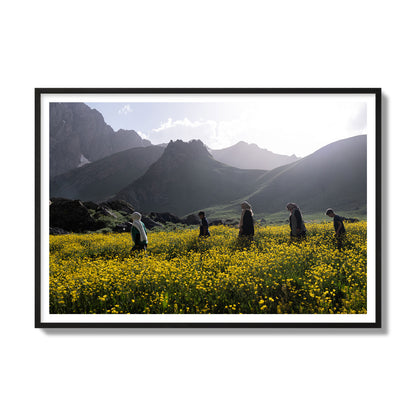 Fine art photograph of people walking through a field of yellow flowers with mountains in the background, archival pigment print, gallery size, black frame.