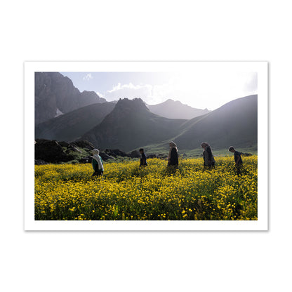Fine art photograph of people walking through a field of yellow flowers with mountains in the background, archival pigment print, gallery size, unframed.
