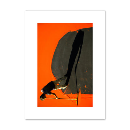 Fine art street photograph, overhead view of a man painting an orange rooftop, captured in vivid detail. Archival pigment print, medium size, unframed.