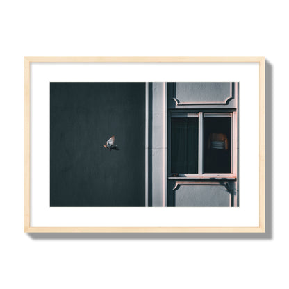Fine art street photograph of a woman highlighted in a window on the right side of the frame, while a bird flies out of frame on the left. Archival pigment print, large size, natural wood frame.