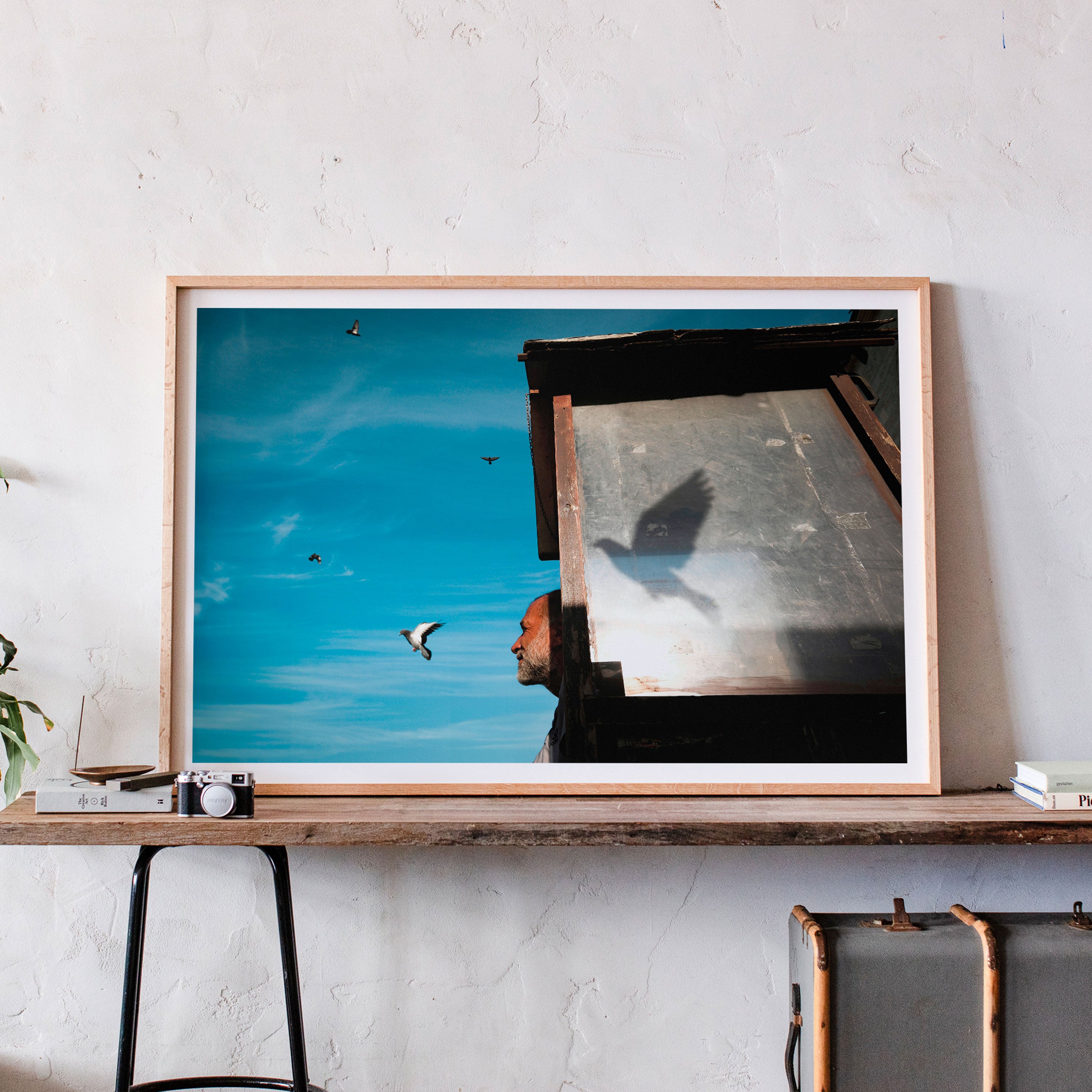 A framed fine art photography of a man watching a bird sits on a rustic bench.