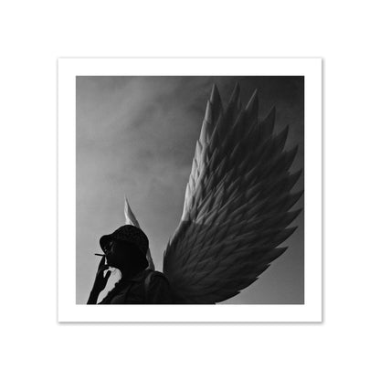 Fine art photography of a woman smoking in front of a winged statue, archival pigment print, gallery size, print.
